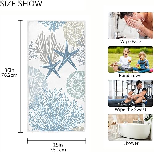 Miniatura 2 de Toalla de mano con temática de playa para baño, diseño de estrella de mar costera, concha, coral, microfibra, absorbente, toalla de cocina azul,