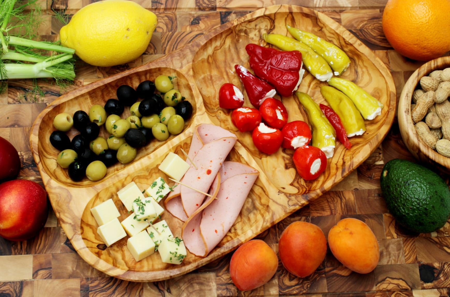 DAGDEG Snackteller aus Olivenholz,5 fächer, snackschalen & dipschalen, Servierteller aus Holz, Nussteller,Snacktablett, Handmade (3-fächer)