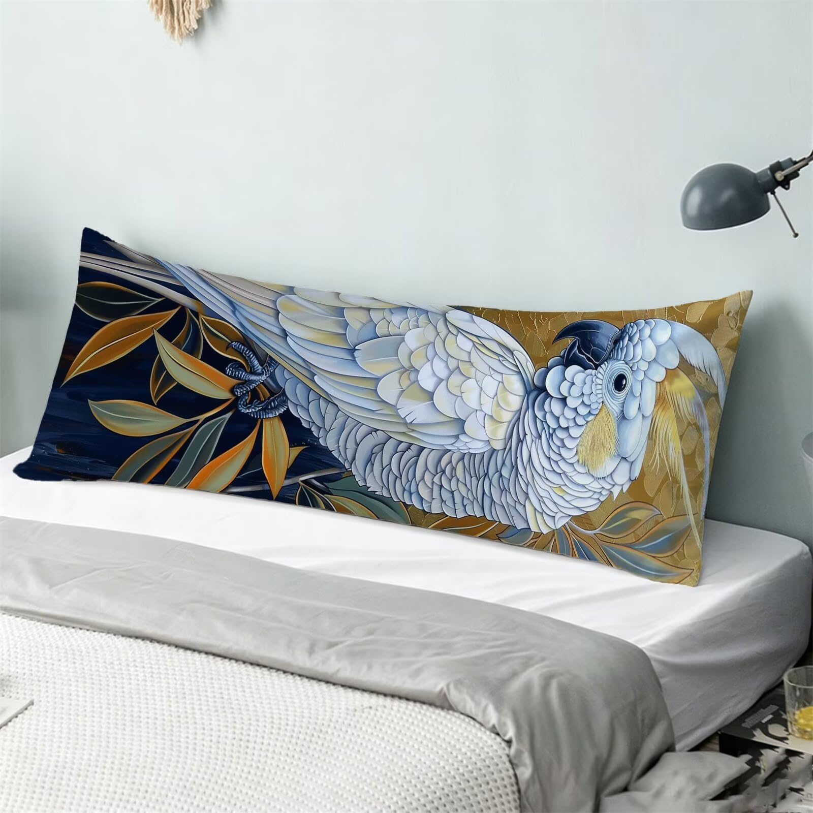 Funda de Almohada 60 x 180 cm Loro Protector Almohada 180 cm con Cremallera Invisible, Lino Durable y Transpirable Pillow Case Largas Blanco Impresión a Doble Cara para Cama, Sofá y Dormitorio dg-527