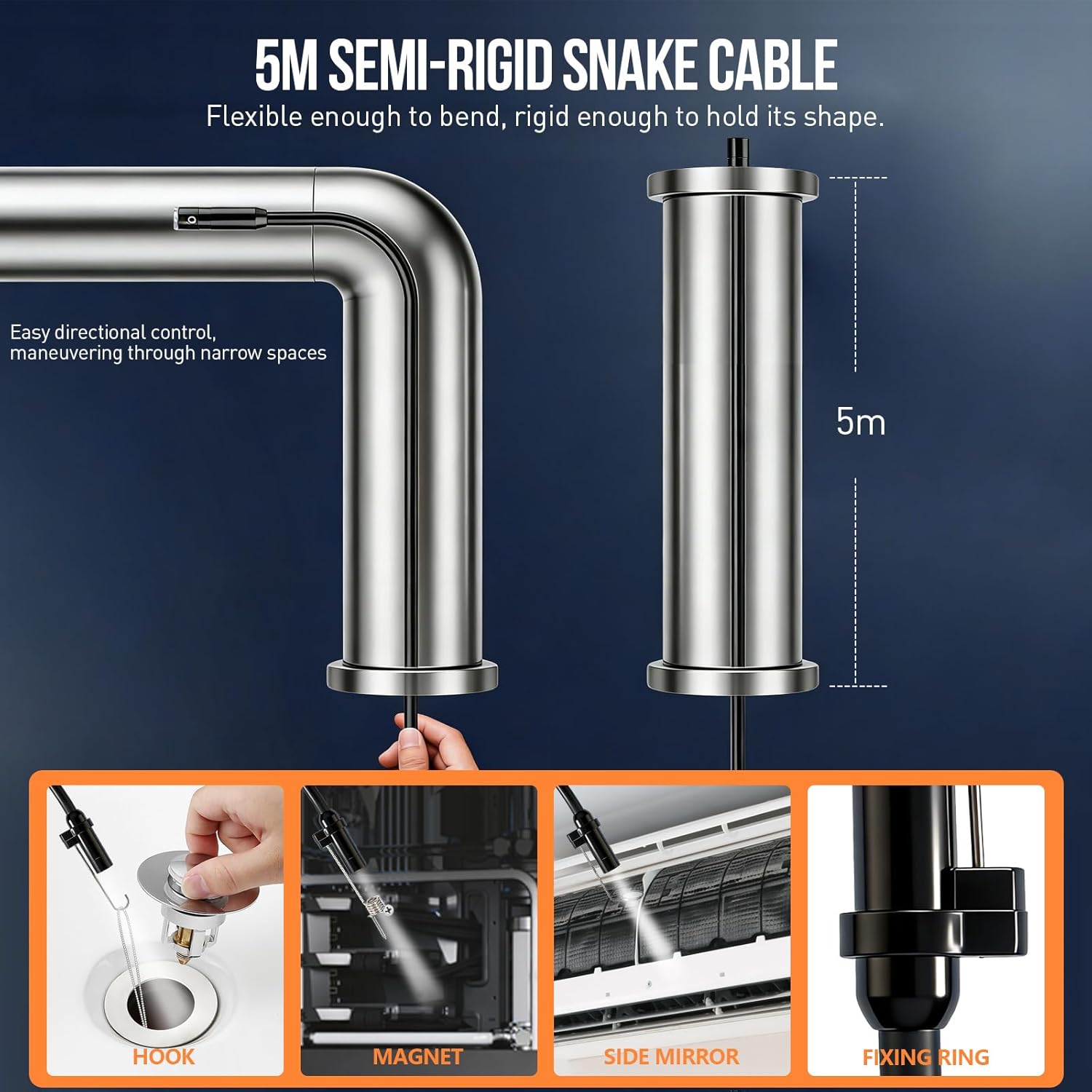Inspection Camera with Screen, Color & B&W Dual View for Better Detail Visibility, 8 LED Borescope Camera, 2600mAh Rechargeable, IP67 Waterproof Probe, Type-C, 1M/5M