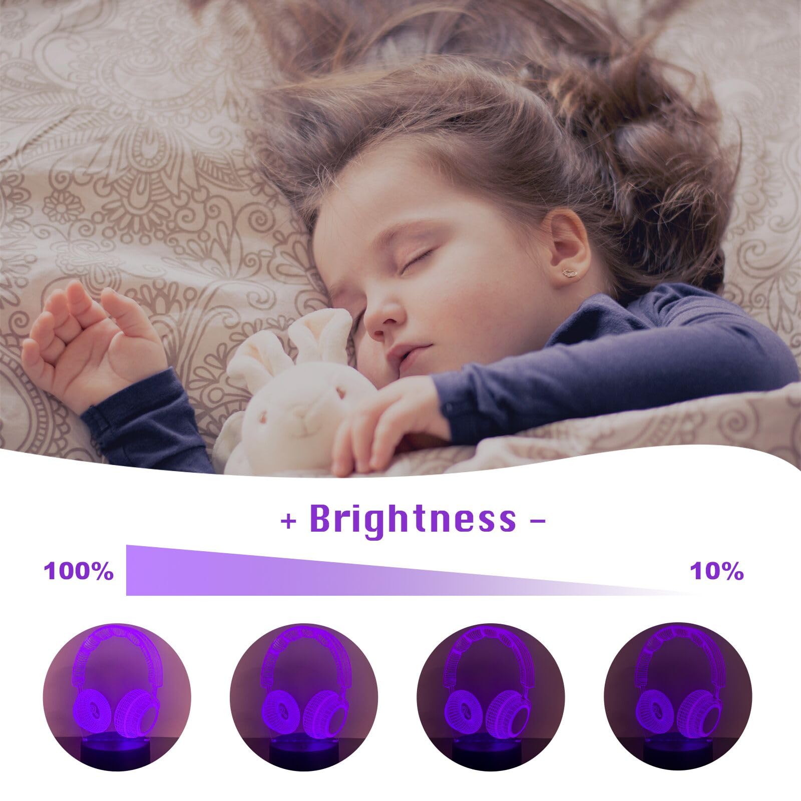 XVZ Luz nocturna 3D para niños, 2 unidades de auriculares de ilusión óptica en 3D, lámpara de ilusión con 16 variaciones de color, lámpara de decoración perfecta para cumpleaños, Navidad y Halloween