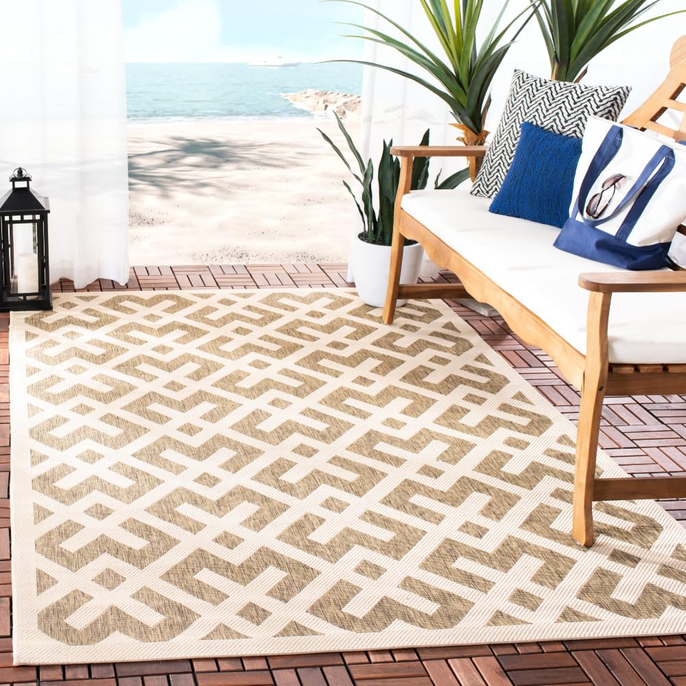 SAFAVIEH Washable Rug Outdoor Courtyard Collection - 6'7" x 9'6", Brown & Bone, Non-Shedding & Easy Cleaning, Ideal for Patio, Backyard, Mudroom (