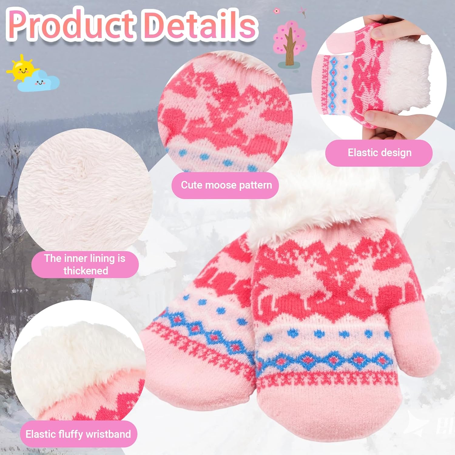 Warm Fleece Lined Winter Mittens for Toddlers 3-7 Years, Boys Girls Soft Knit Snow Gloves - Image 2