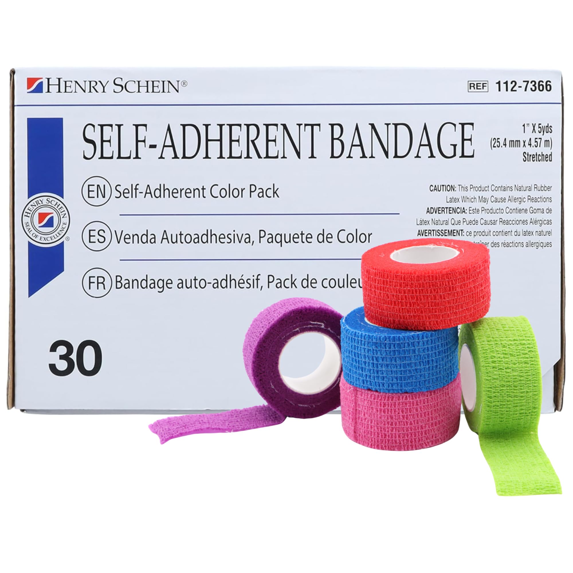 Henry Schein Premium Self-Adherent Bandage Wrap – 1" x 5 Yards, Assorted Colors – Box of 30 Rolls – Flexible, Non-Woven Fabric, Non-Sterile,