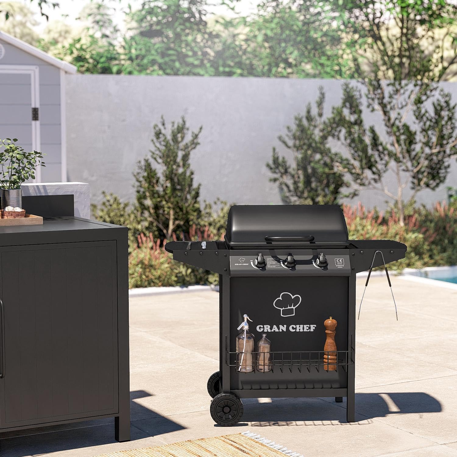 Avilia Barbecue a Gas 3 Fuochi Thomas – BBQ da Esterno in Acciaio Nero con Griglia Inox, Termometro, Cappa, Accensione Piezoelettrica e Ruote, Barbecue a Gas Esterno Compatto e Potente