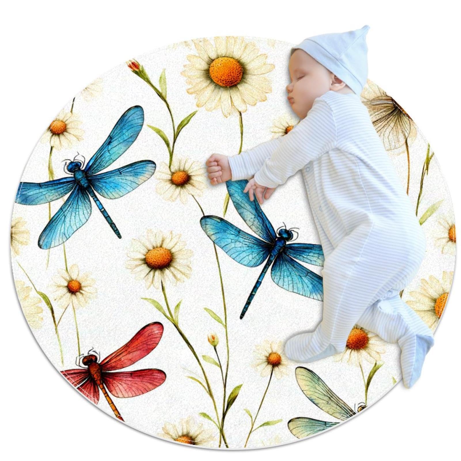 Petit tapis de salle de bain rond 1m motif libellules colorées et camomille