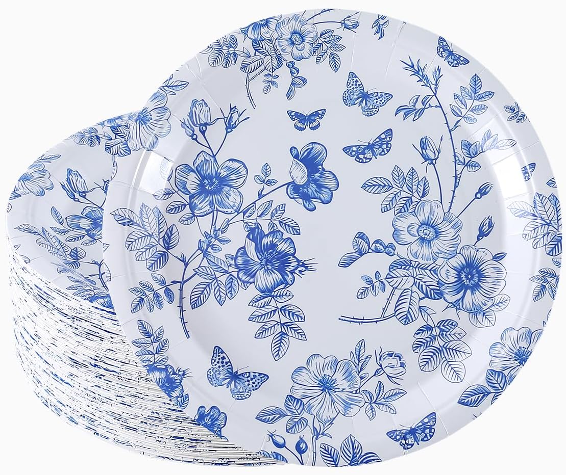 100Pcs Floral Paper Plates 9 Inch,Blue and White Butterfly Flower Paper Plates Disposable Spring Dinner Dessert Plate for Baby Shower Wedding Birthday Party Tableware Decorations