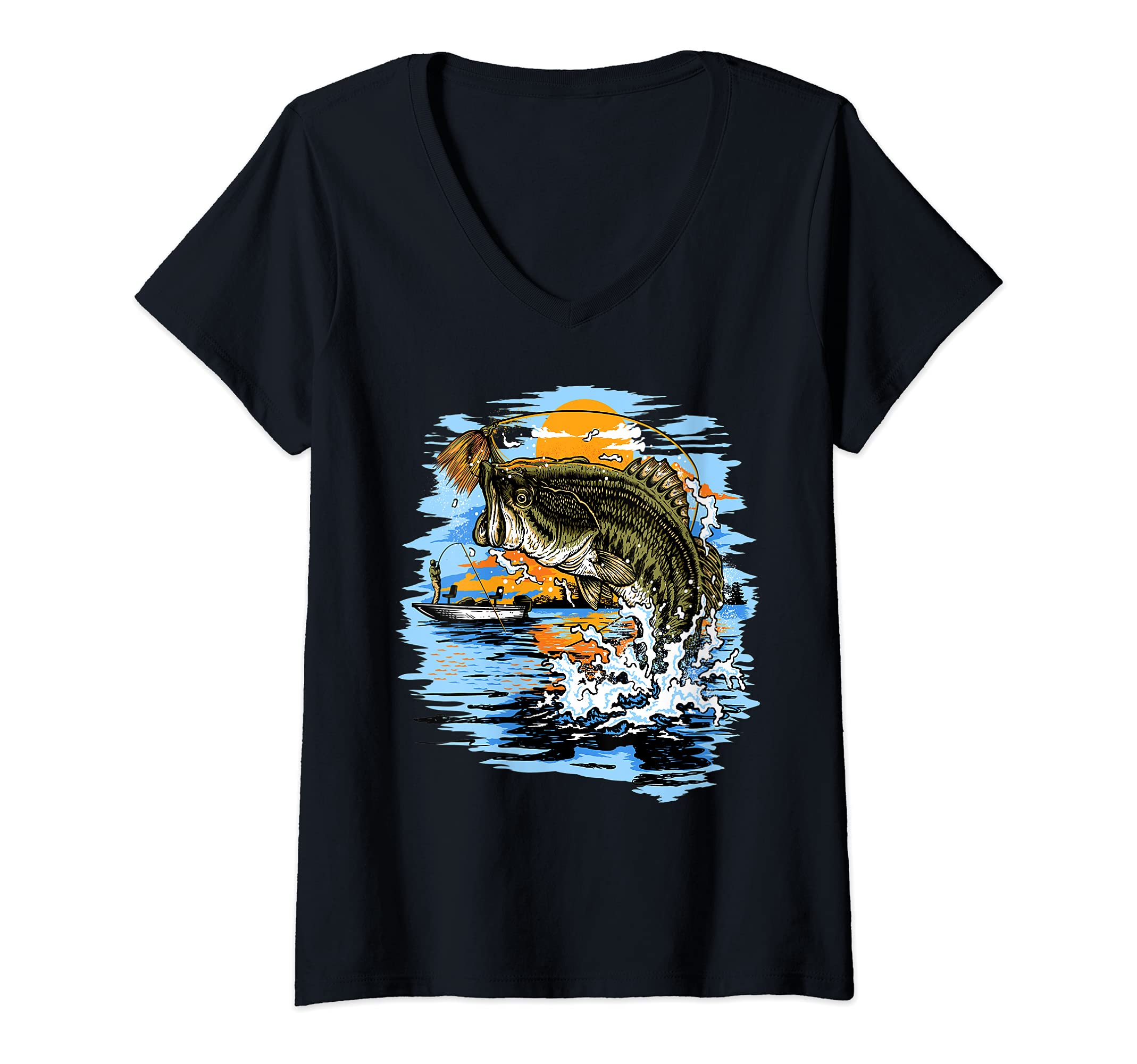 Womens Large Mouth Bass Fishing V-Neck T-Shirt, Black