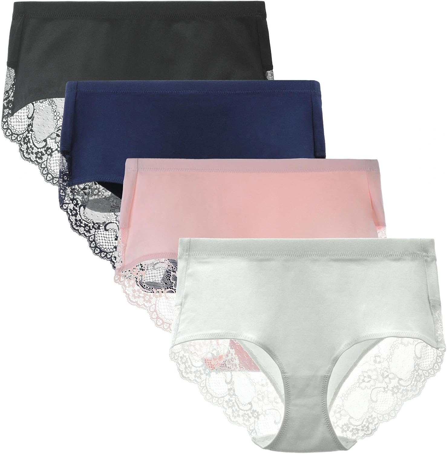 Women's 4 Pack Combed Cotton Breathable High Rise Lace Full Coverage Brief Panty Underwear
