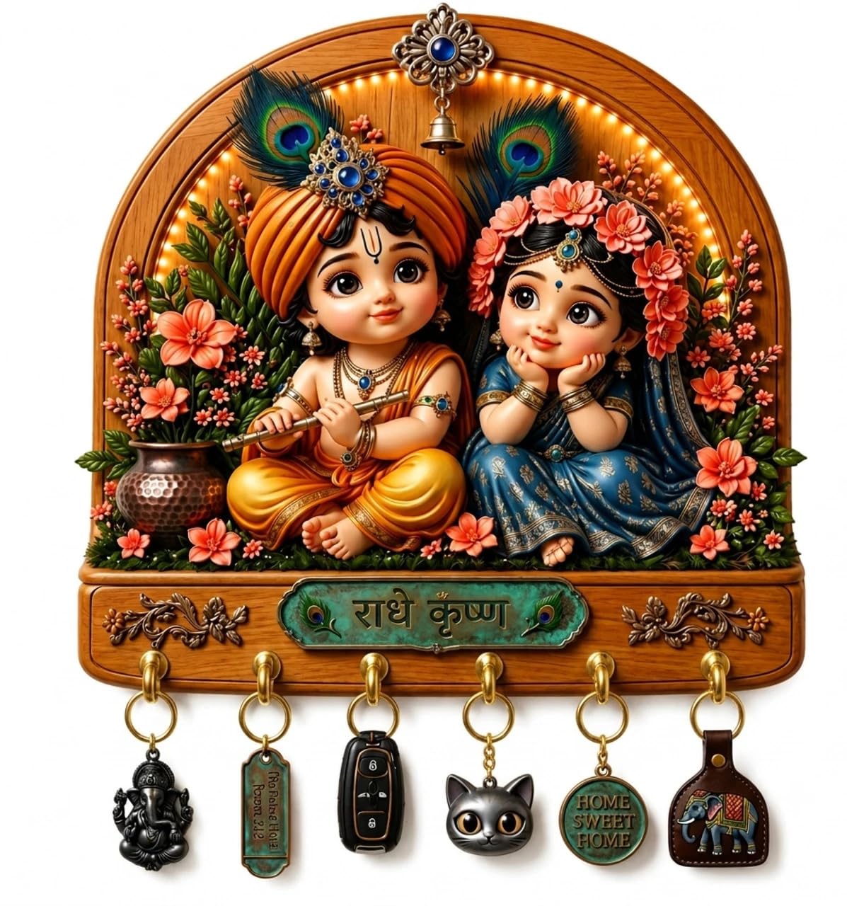 Radha Krishna Key Holder for Wall | 6 Rust-Proof Steel Hooks | 9.5×9.5 Inch | 4mm MDF, UV Print & Felt Back | Religious Decorative Key Stand | Home Décor & Diwali Gift-image-26