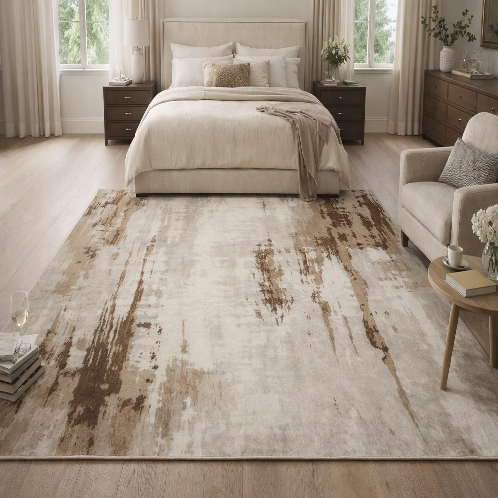 Teppiche Wohndeko für Wohnzimmer Schlafzimmer Aesthetic Room Decor,Abstraktes modernes Design, Weiß, Braun, Beige, 155 x 200 cm