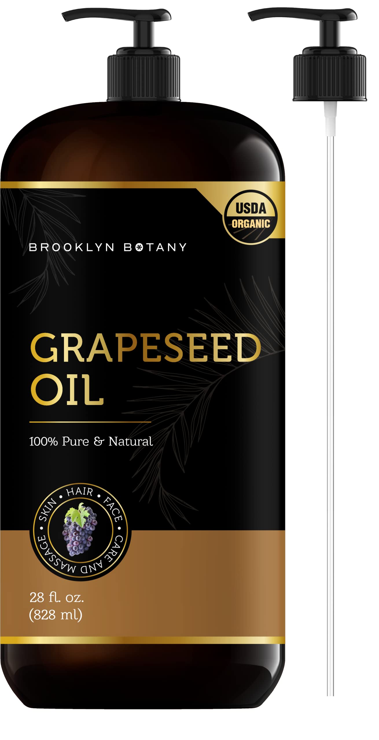 Brooklyn BotanyGrapeseed Oil for Skin, Hair and Face – 100% Pure and Natural Body Oil and Hair Oil - Carrier Oil for Essential Oils, Aromatherapy and Massage Oil – 28 fl Oz