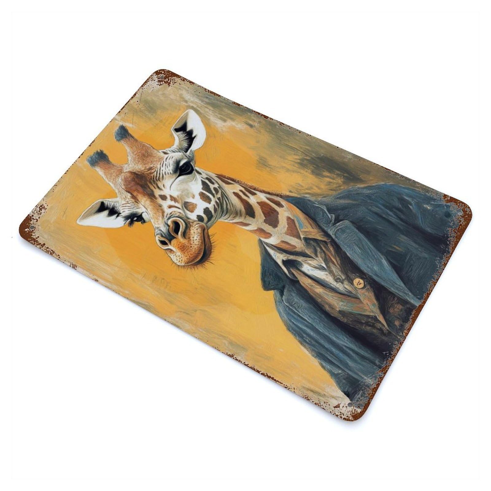 Giraffe in Suit Decorative Tin Sign 11.8"x7.9", Ideal for Basement, Hobby Room And Garage Decor