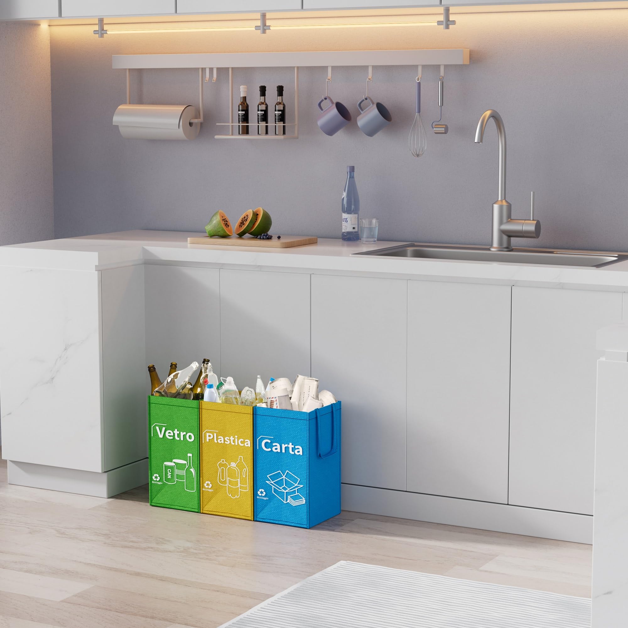 Opret Borse Raccolta Differenziata 30L, 3 Contenitori Raccolta Differenziata Interno, Bidoni Differenziata da Interno per Il Riciclaggio di Carta, Plastica e Vetro