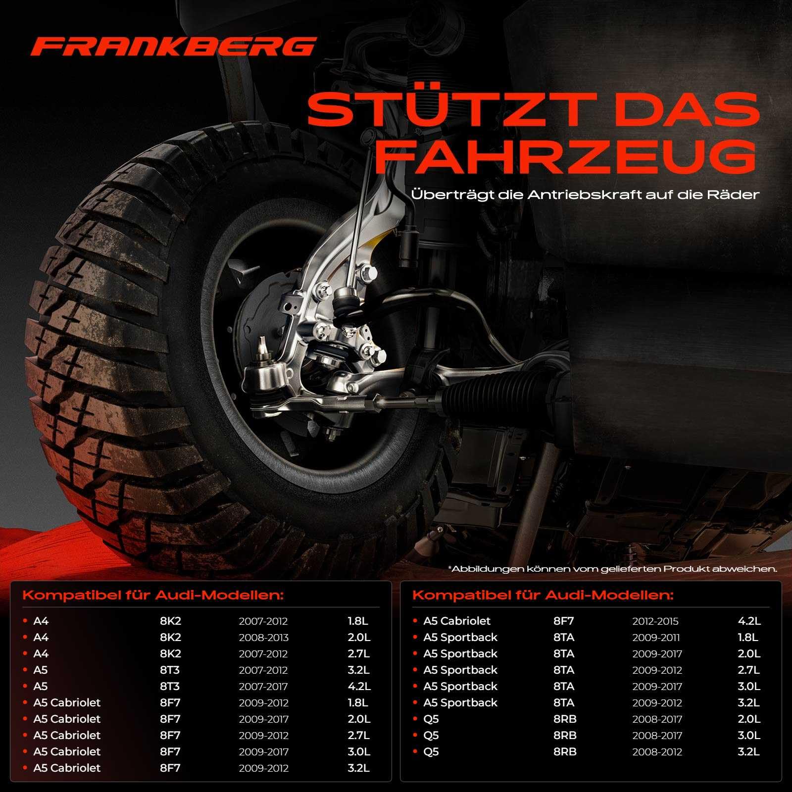 Frankberg 1x Achsschenkel Radaufhängung Vorne Links Kompatibel mit A4 8K2 8K5 8KH B8 1.8L-3.2L 2007-2016 A5 8T3 8F7 8TA 1.8L-4.2L 2007-2017 Q5 8R 2008-2017 Replace# 8K0407253R