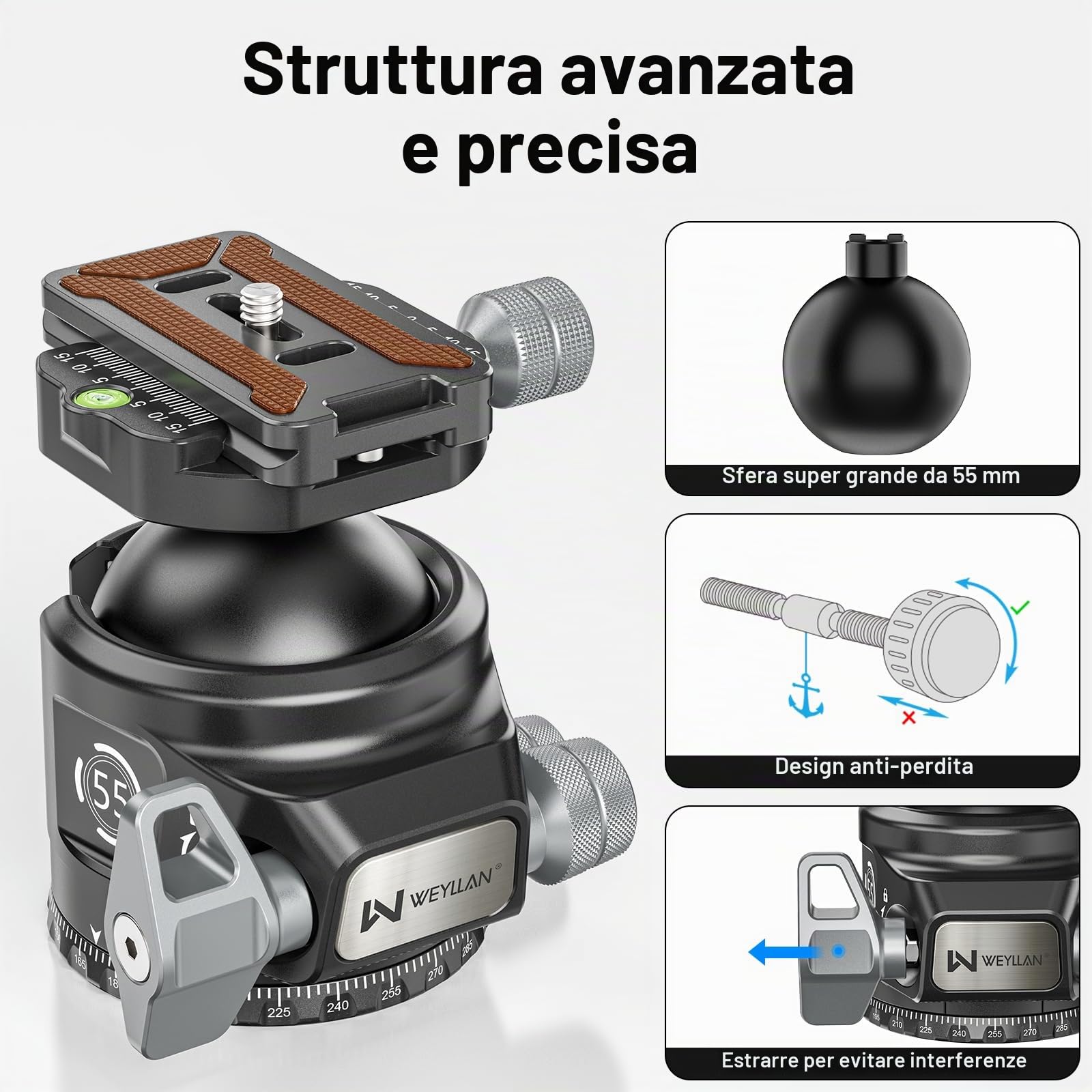WEYLLAN KH55 testa a sfera per treppiede a basso profilo con rilascio a leva, 55mm testa sferica in metallo rotante a 360°, con arca rail m-lok, per riprese fotografiche di caccia, carico massimo 40kg