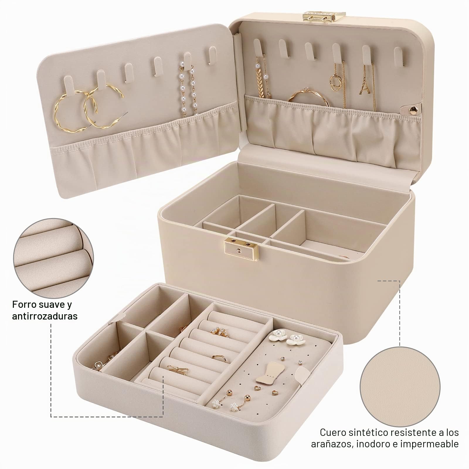 Joyero mejorado, organizador de joyas de piel sintética de 2 capas para mujer con cerradura y espejo, gancho oculto para collar y divisor extraíble, joyero de viaje de gran capacidad, ideal para