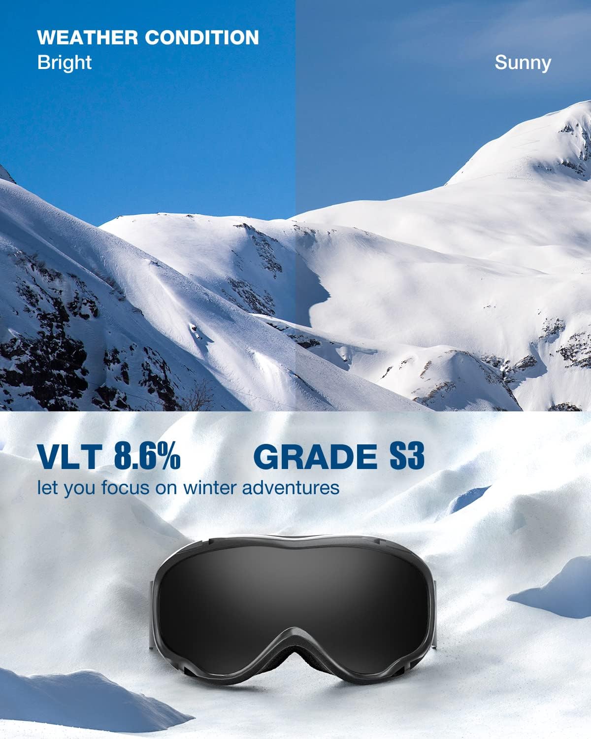 ZIONOR Lagopus B1 Ski Goggles OTG Anti fog Snow Goggles UV Protection Snowboard Goggles for Men Women Adult Youth