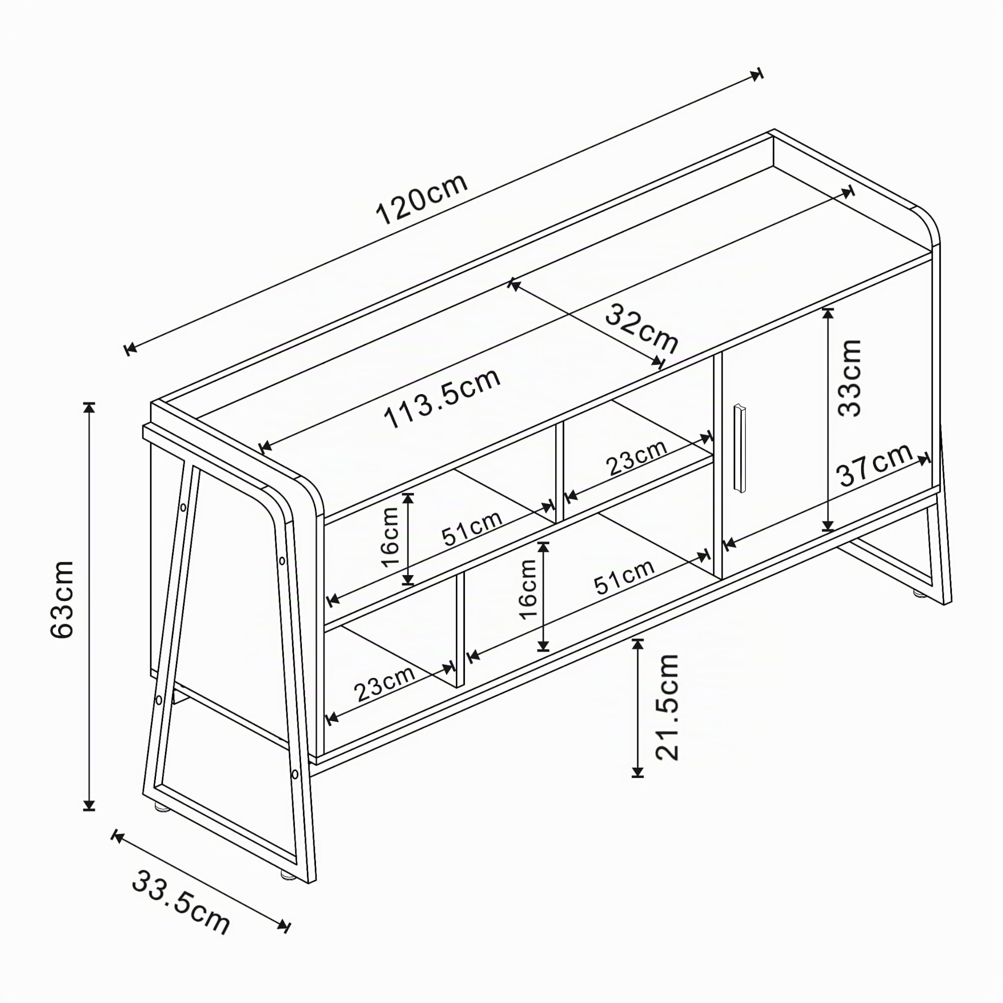 [en.casa] Decorativo Mueble de TV Storfjord Tablero Rectangular Mesa de Tele con 4 Compartimientos Abiertos y 1 Cerrado Aparador con 1 Puerta Aglomerado/Metal 120x34x63cm - Negro