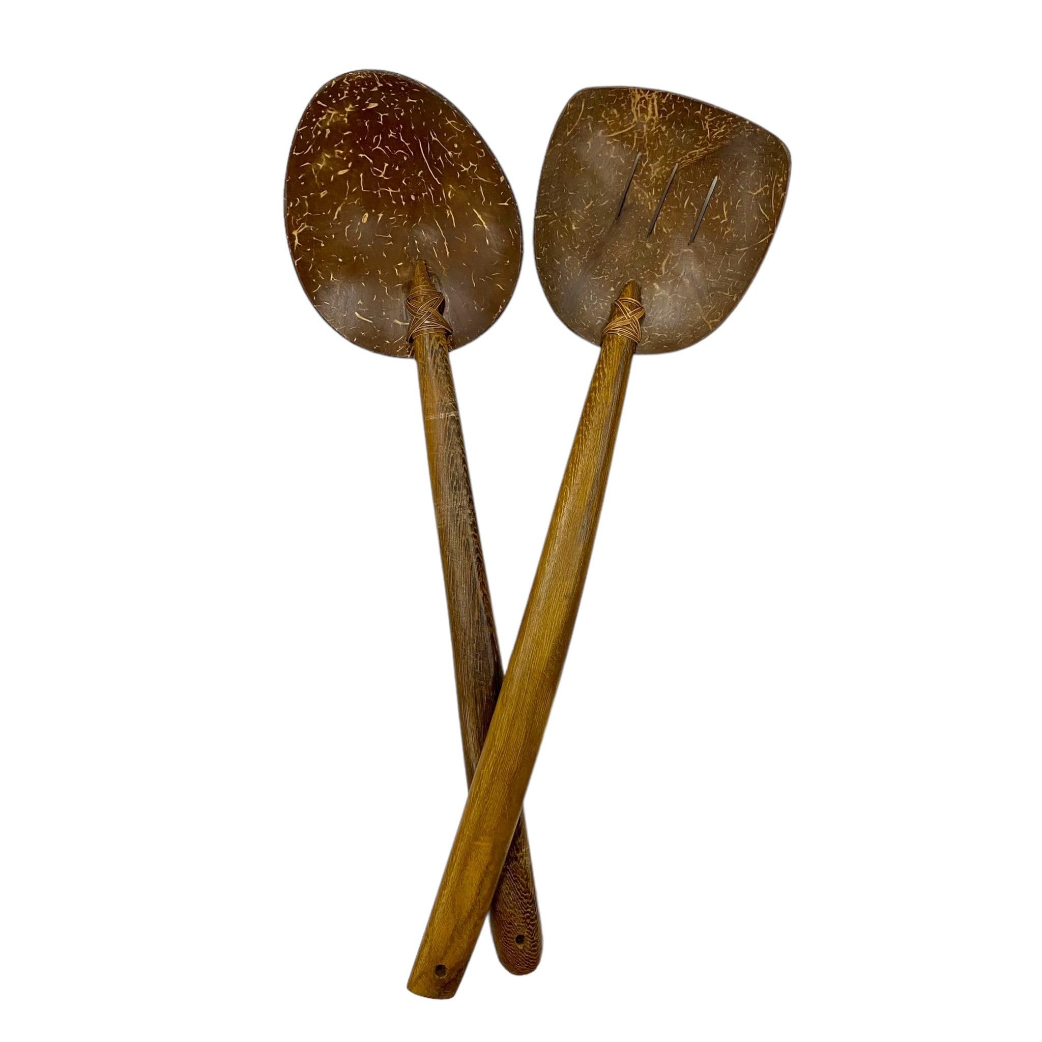 Handcrafted Wooden Salad Servers, Coconut Shell, 14 Inch Long Handles spatula & ladle