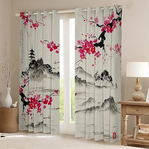 Miniatura 2 de Cortinas de ventana con diseño de cerezo en flor para dormitorio, sala de estar, cortinas japonesas de montaña Fuji para niños y niñas, cortinas de