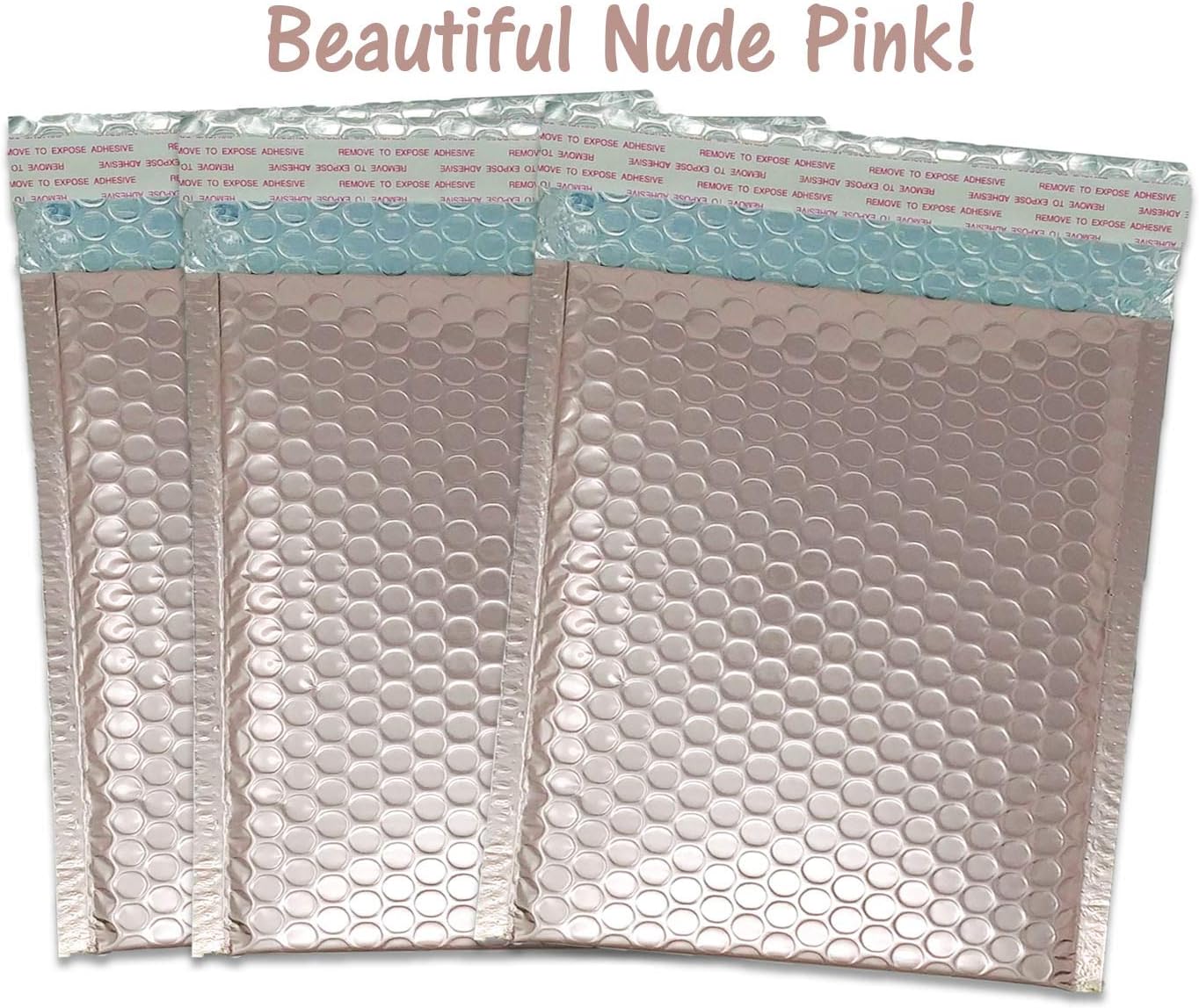 8x12" Nude Pink Metallic Bubble Mailers Matte Self Seal Padded Envelopes, (8.5x11" Usable Space) Waterproof Tear Proof Shipping Mail Bags W/Kissy Stickers (100)