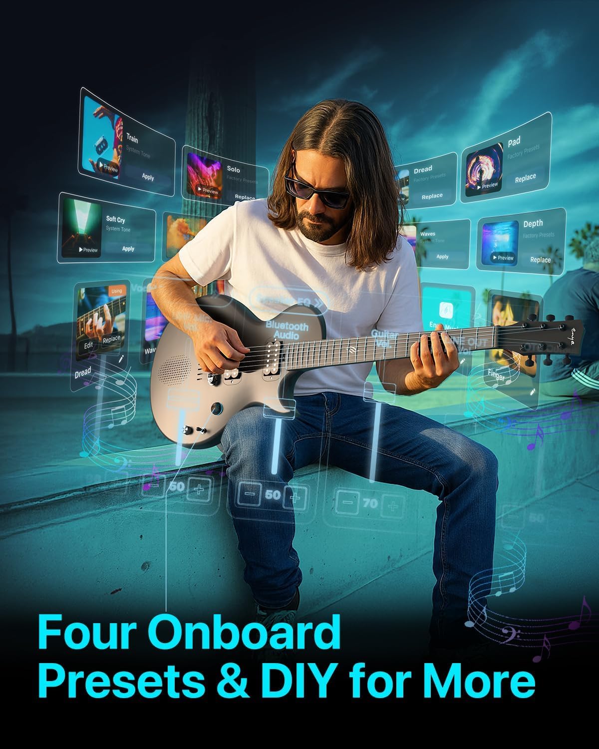 Chitarra Elettrica Enya Nova-Go Sonic - Chitarra Nera Intelligente in Fibra di Carbonio con Altoparlante Wireless da 10 W, Preimpostazioni Integrate, Cavo di Ricarica, Chiave di Regolazione