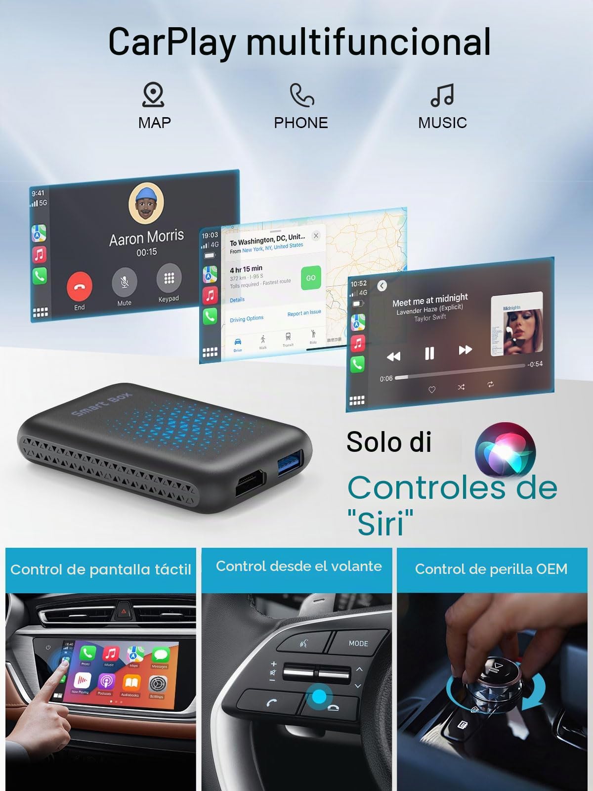 CarPlay Adaptador Inalámbrico 3 en 1 para Apple CarPlay y Android Auto, Módulo AI Box con Netflix, Youtube, TikTok