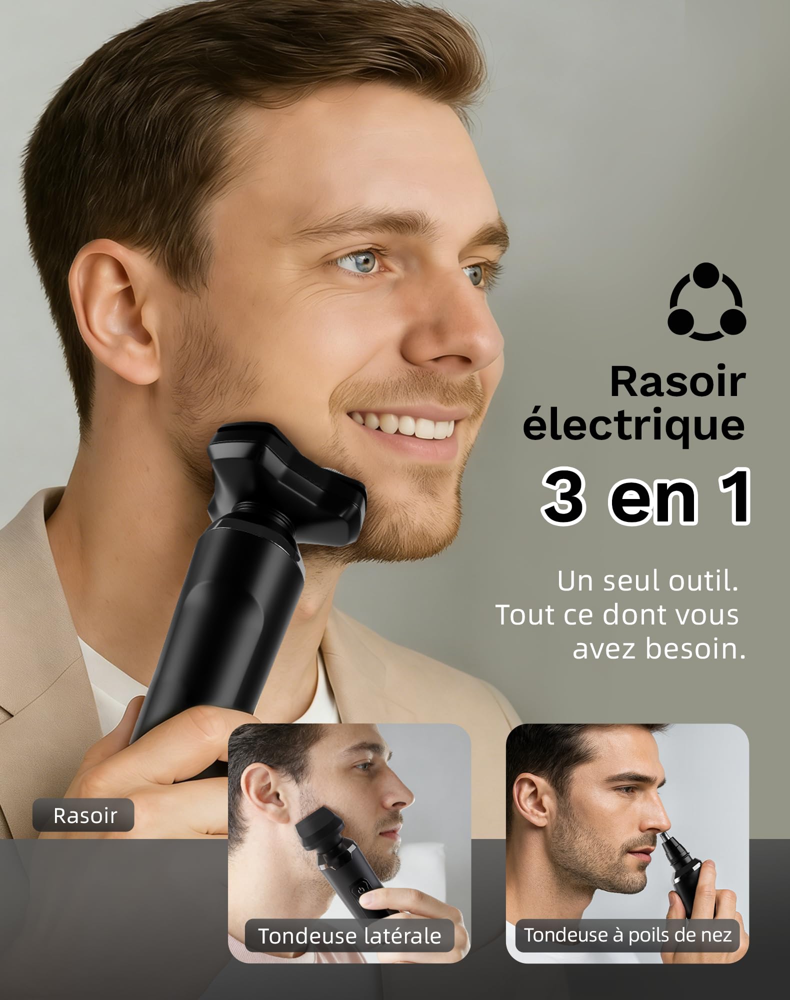 UTK Rasoir Electriques Hommes, Nouveau Rasoir Homme Sans fil 3 En 1 (2025), Étanche Ipx7, avec Accessoire Nez/Favoris, Utilisation sur Peau Sèche Ou Humide, Écran Led, Cadeau Papa, Idee Cadeau Homme