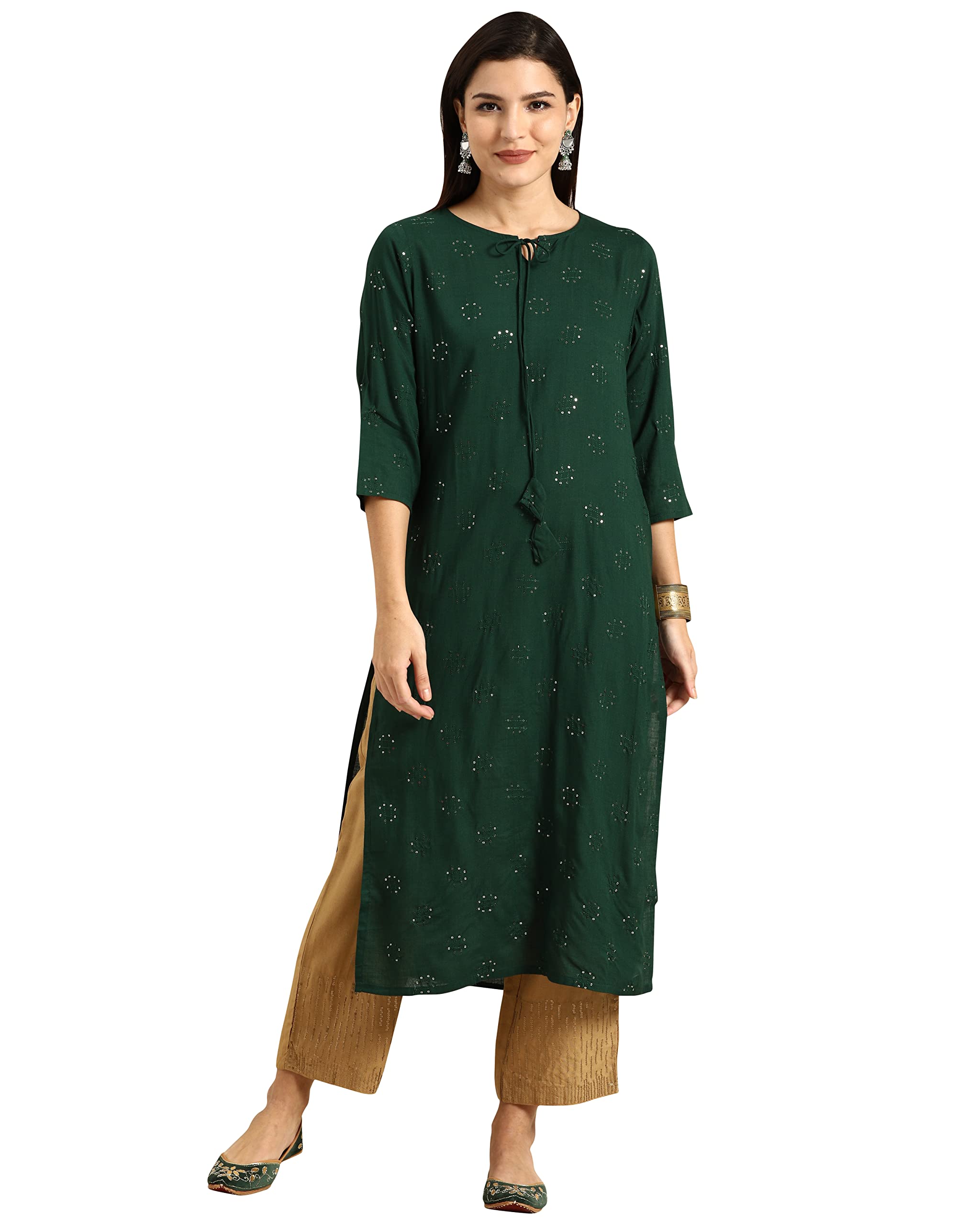 MoniraWomen's Rayon Slub Resham Embroidered Kurti (MONVL113B_Bottle Green)