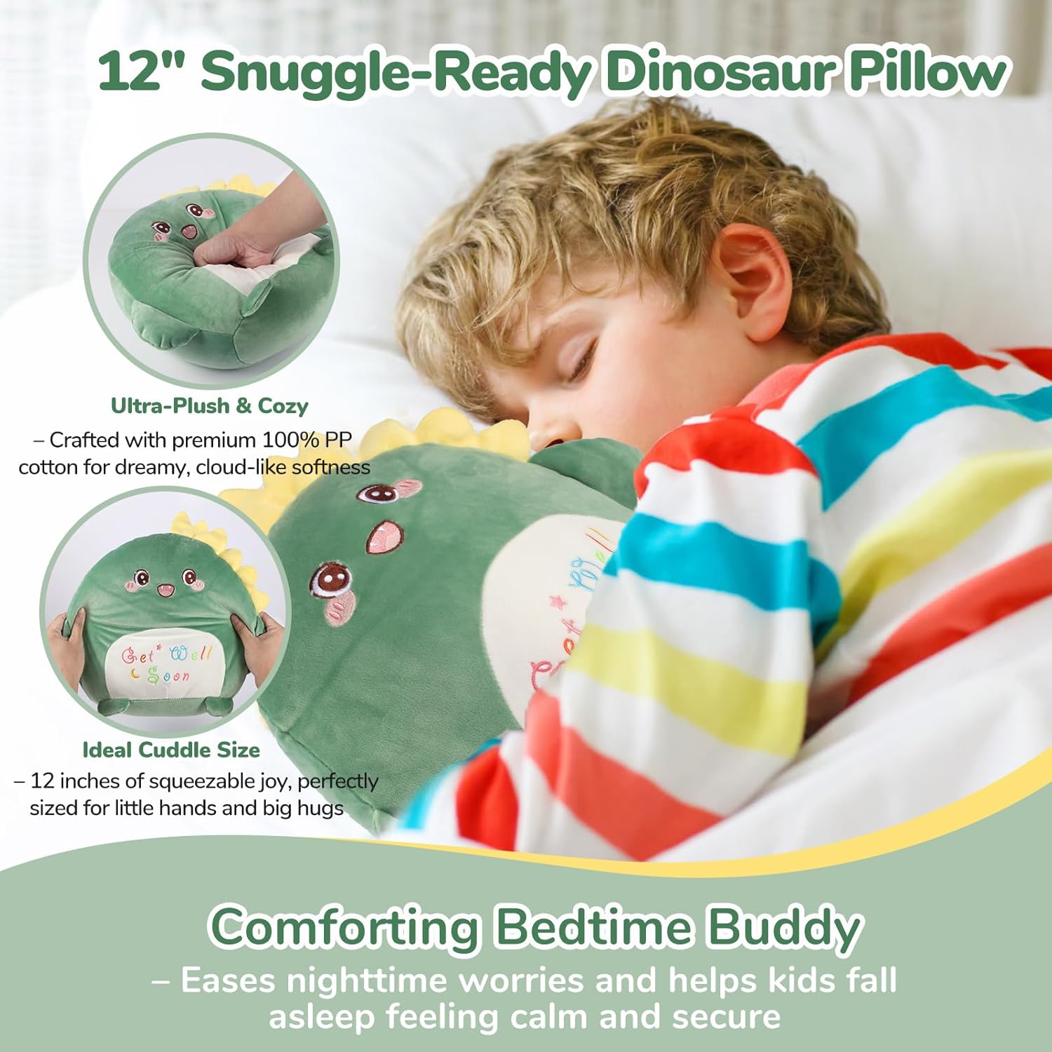 Get Well Soon Gift for Kids Boys, Feel Better Gifts for Kid, 12'' Get Well Soon Dinosaur Plush Pillow & Soft Cozy Flannel Throw Blanket, Dinosaur Gifts Set for Boy, Kids Get Well Baskets