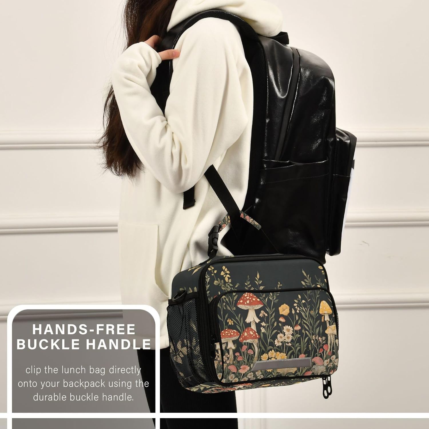 MNSRUU Student Lunch Bag Vintage Wildflower Mushrooms Insulated DinnerTotes Picnic Bag Lunch Box with Adjustable Shoulder Strap for Teen Kids Adults