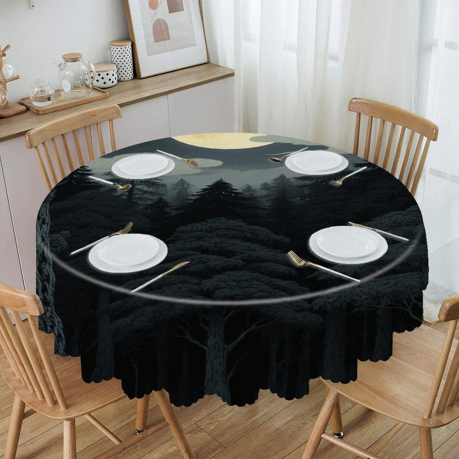 FekiLoot Forest Japanese Moon Round Tablecloths 60 Inch Resistant Washable Polyester Table Cloth Style Decorative Circle Fabric Table Cover for Dining Kitchen Party Farmhouse Outdoor