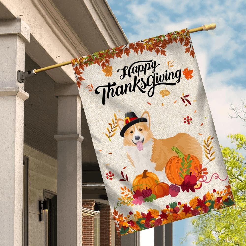 Happy Thanksgiving Funny Corgi Flag Fall Pumpkin Farmhouse Autumn Thanksgiving (28" x 40") USA House Flag Premium Decorative Yard Outdoor Flags