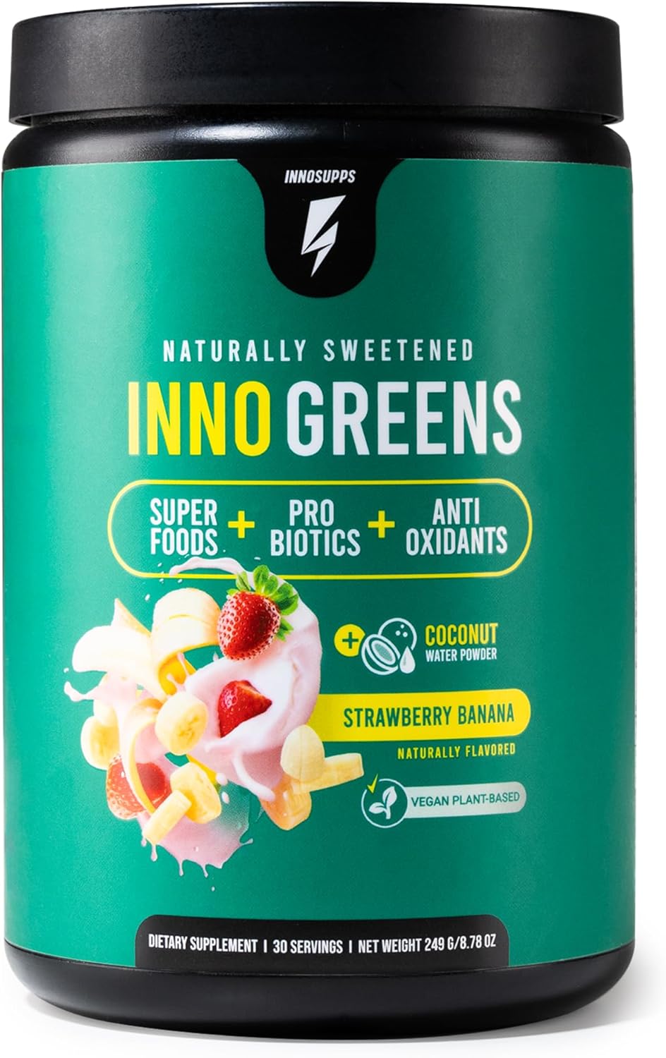 Inno Greens | 28+ Organic Greens & Superfoods | Advanced Prebiotics + Probiotics | Super Antioxidant + Hydration | Spirulina, Chlorella, Ashwagandha | Natural | 30 Servings (Strawberry Banana)
