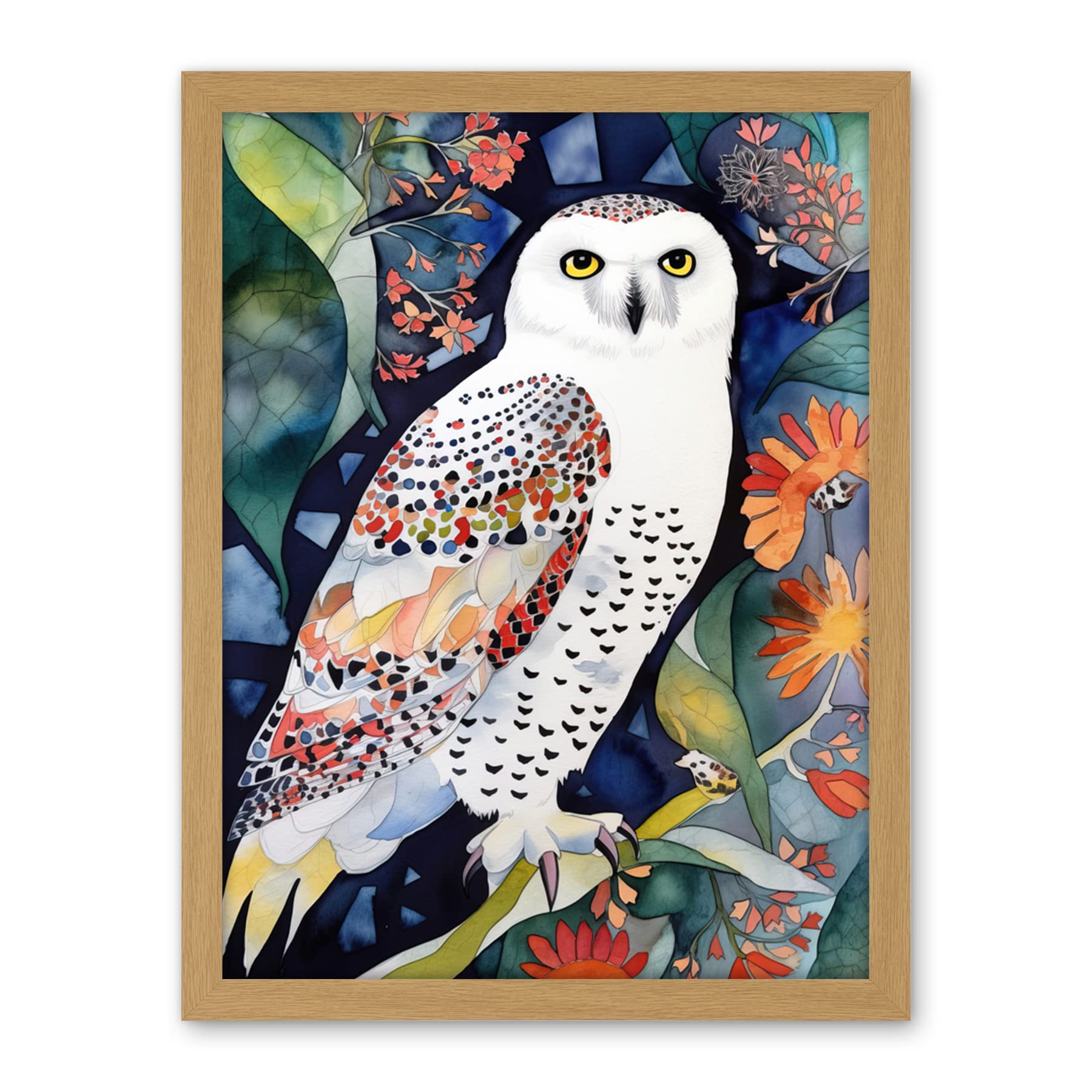 Artery8 Snowy Owl On Blooming Tree Folk Art Artwork Framed Wall Art Print 18X24 Inch