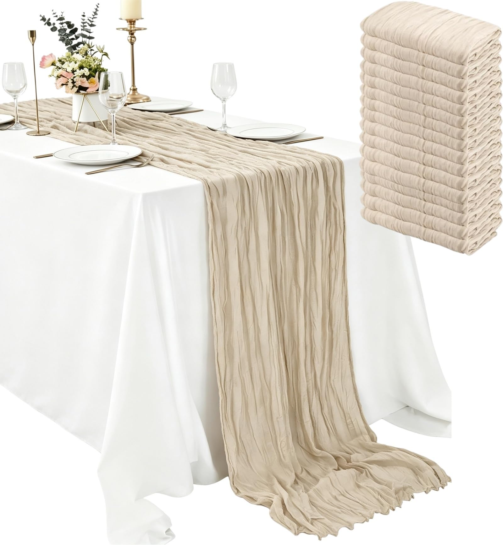Photo 1 of 16 Pack Beige Cheesecloth Table Runner 35x120 Inch Boho Gauze Cheese Cloth Table Runners, 10 FT Long Rustic Sheer Beige Table Runner for Wedding Bridal Baby Shower Birthday Party Table Decorations