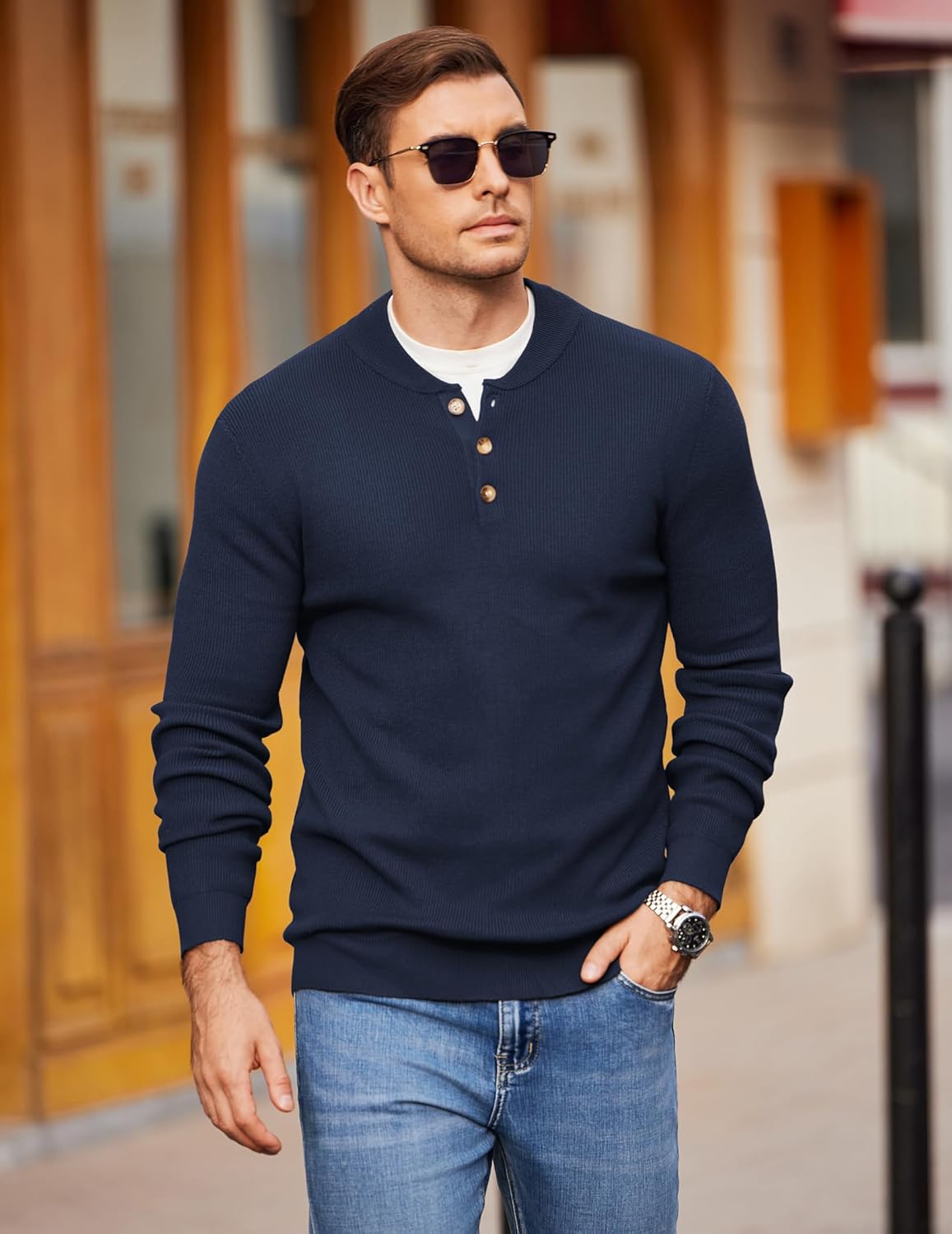 COOFANDY Men Henley Knit Sweater Dress Long Sleeve Button Pullover Sweater Casual Sweater Lightweight Slim Fit Tops - Image 2