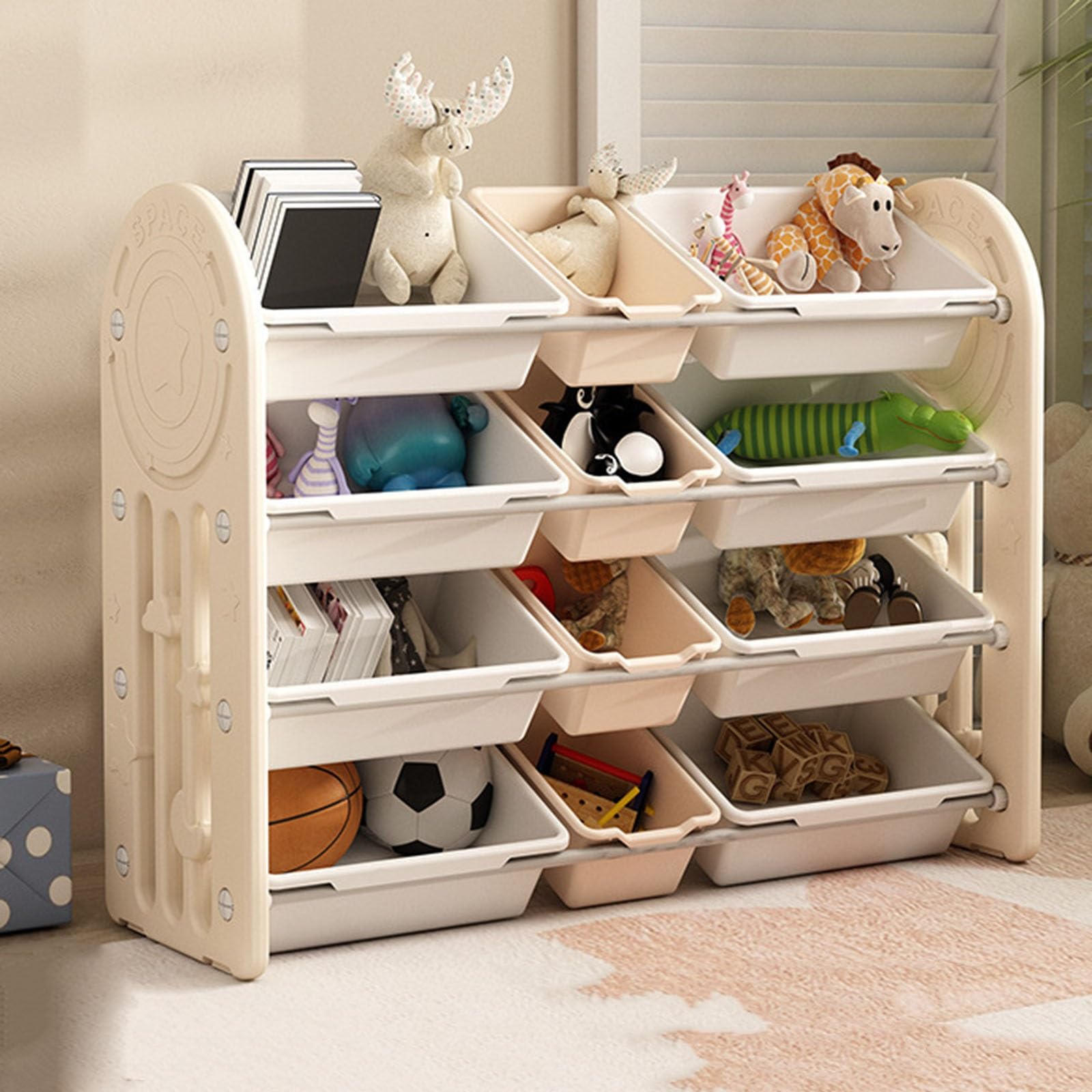 Scaffale Portaoggetti per Giocattoli con Contenitori Rimovibili e Ripiani Scaffale per Giocattoli per Camera da Letto, Cameretta o Sala Giochi Montessori(Beige,40.5 * 13.8 * 33in)