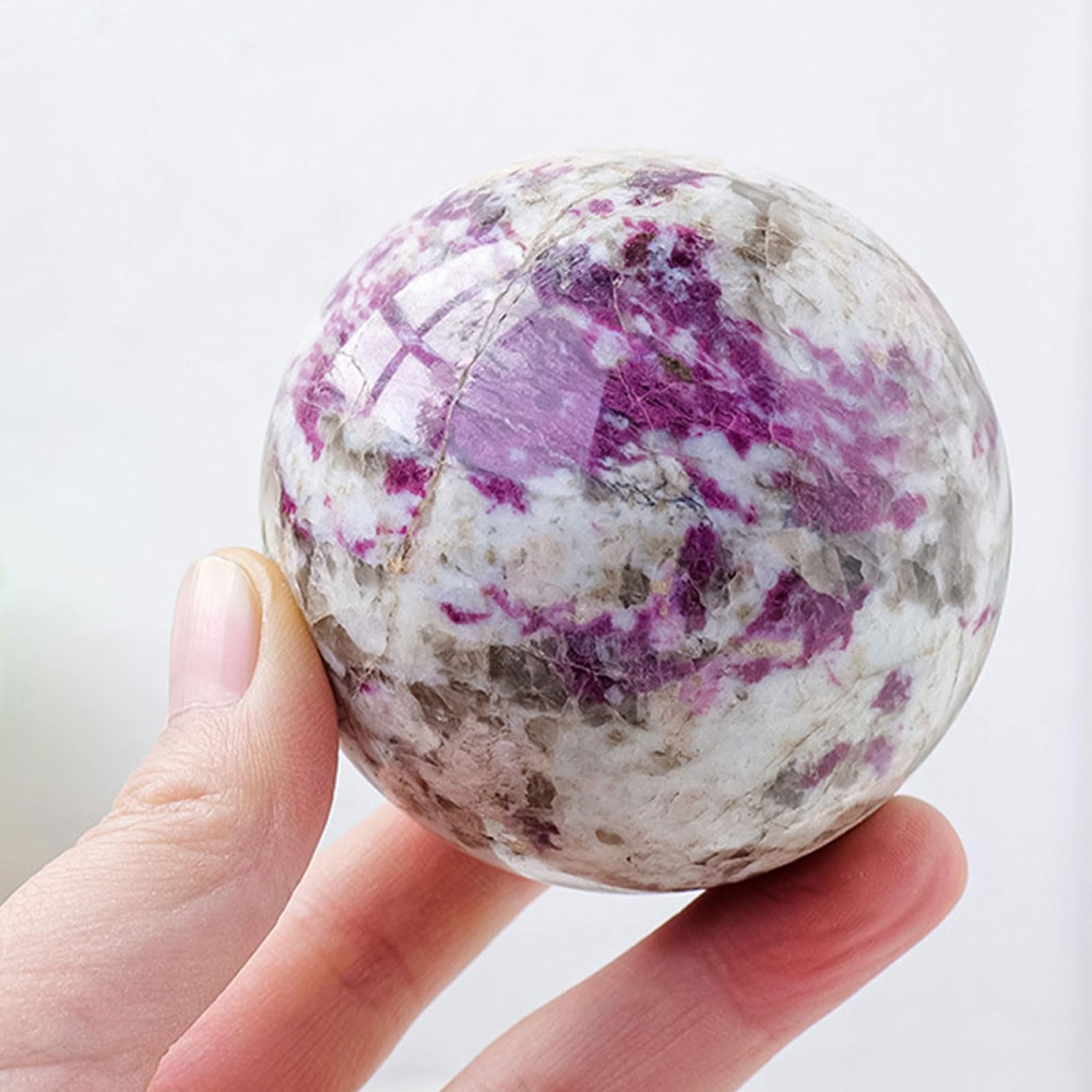 DQFOCPHHAA Plum Blossom Tourmaline Crystal Ball Handcrafted Polished Gemstone Sphere with Wooden Stand for Decorative Ball, Gazing Divination or Feng Shui, and Fortune Telling Ball,75~80mm