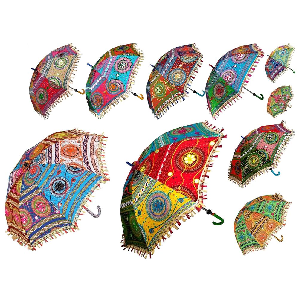 Bmlimited Assorted Bml Indian Wedding Umbrella Set: 10 Handmade Embroidery & Mirror Work Parasols - Vintage Cotton Decor For Boho Events