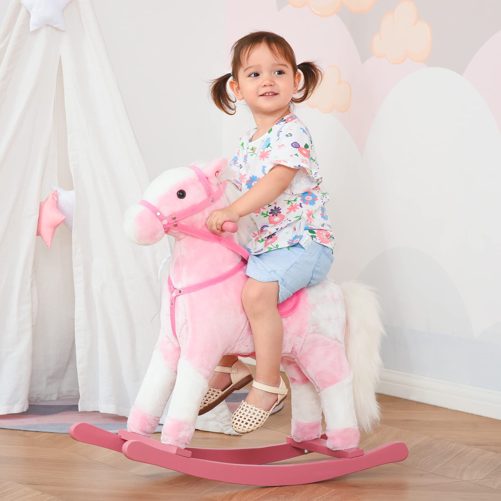 HOMCOM Caballito Balancín de Felpa Suave para Niños de 3-6 Años con Sonidos de Relincho 74x28x65 cm Rosa