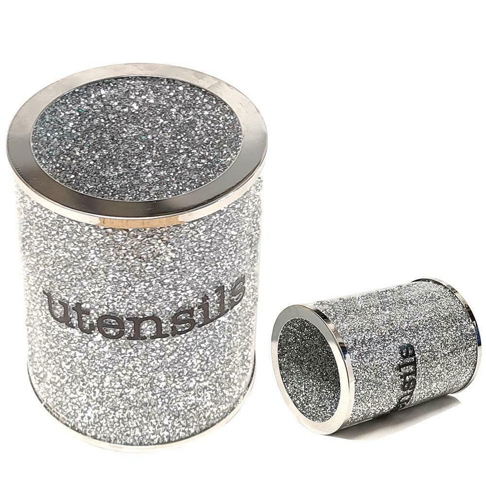 Crushed Diamond Silver Utensil Holder Crystal Utensils Pot Jar Kitchen Storage Bin - 13cm x 16cm