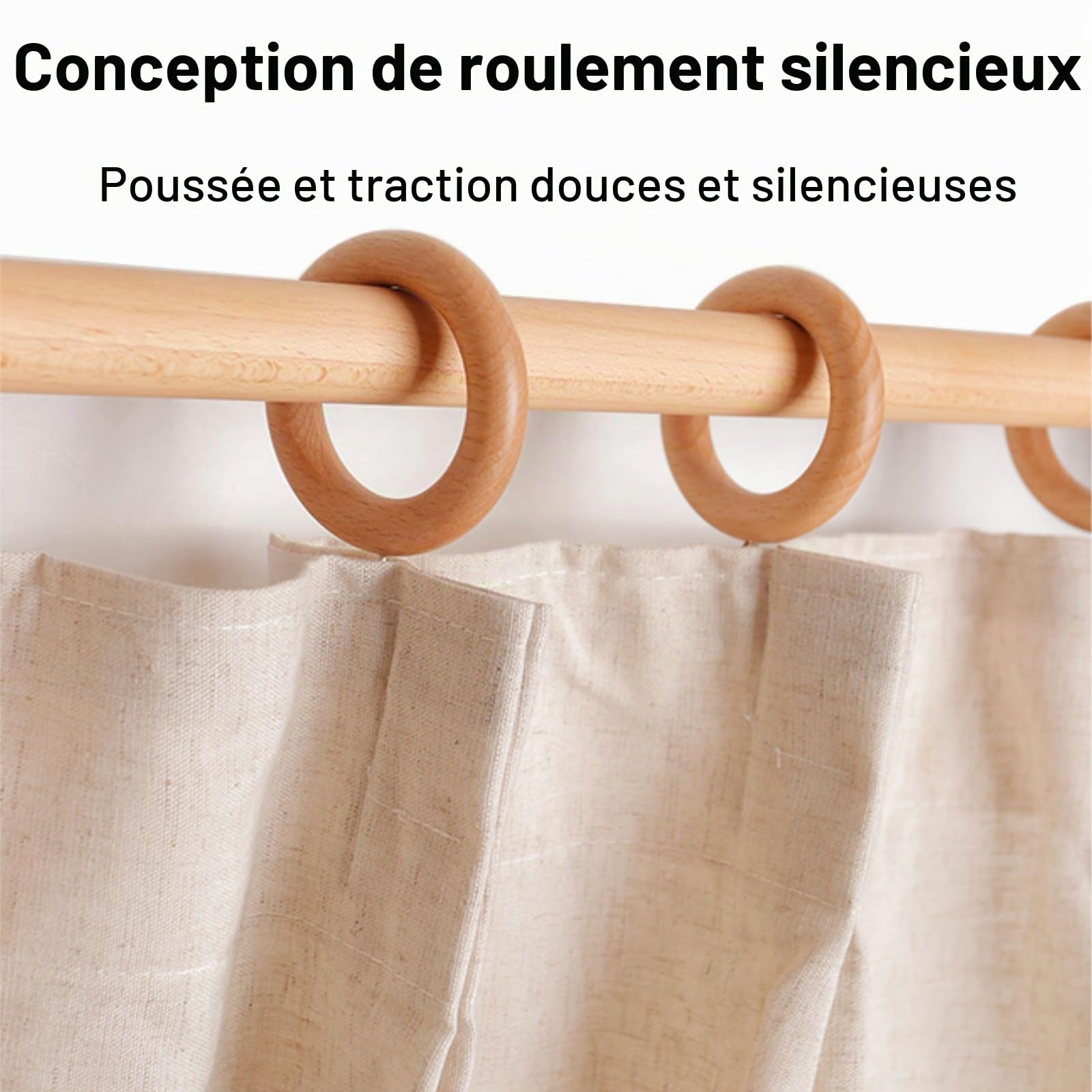 Tringle rideau bois écologique en hêtre durable, Barre silencieuse pour salons et chambres(260 cm (3 Brackets))