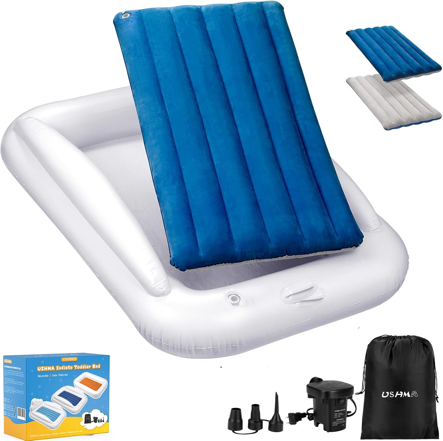 USHMA Inflatable Toddler Travel Bed, Portable Toddler Bed | Kids Air Mattress with Sides | Reversible 2 Colors Kids Blow Up Mattress -Mint Green & Pink