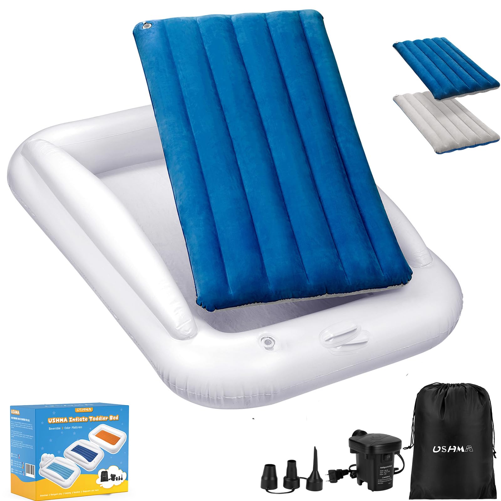 USHMA Inflatable Toddler Travel Bed, Portable Toddler Bed | Kids Air Mattress with Sides | Reversible 2 Colors Kids Blow Up Mattress -Navy Blue & Grey