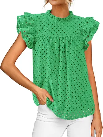 BTFBM Casual Summer Tops for Women 2025 Short Ruffle Sleeves Shirts Crew Neck Hollow Out Lace Embroidered Blouses