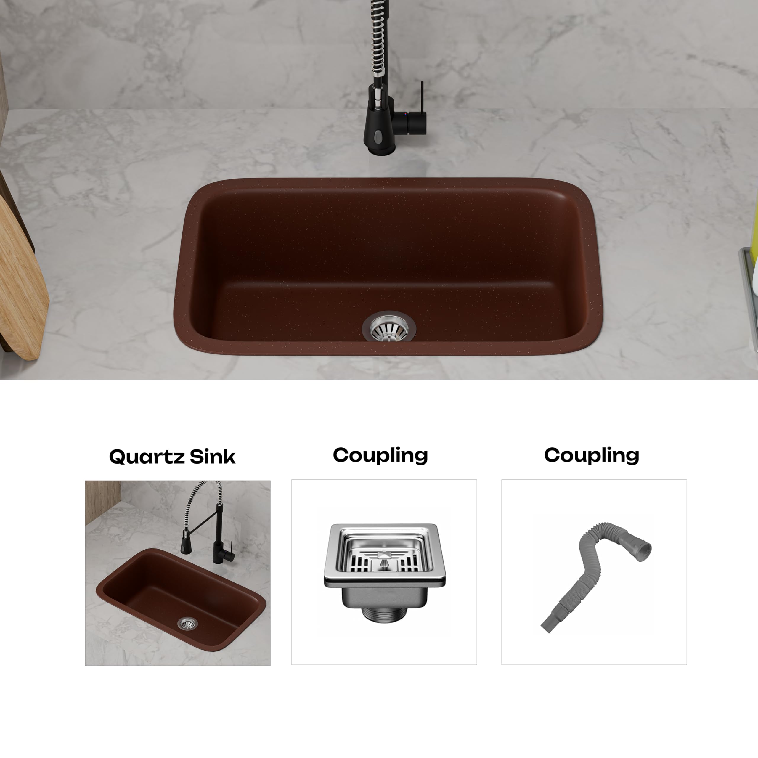 HISRE Quartz Single Bowl Kitchen Sink with Round Corners | 31x19x10 Inches | Noise Reducing Durable Easy to Clean Scratch Resistant Kitchen Sink for Modern Homes | Brown, photo 5 of 5