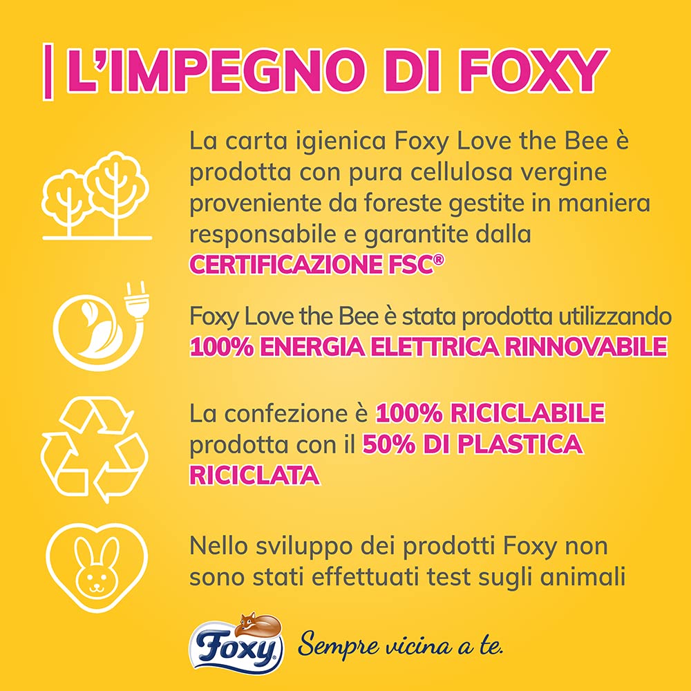Foxy Love the Bee | Carta igienica 56 rotoli da 225 strappi | 2 veli elevato spessore | FSC |100% Energia elettrica rinnovabile| Confezione riciclabile prodotta con plastica riciclata, 1 item