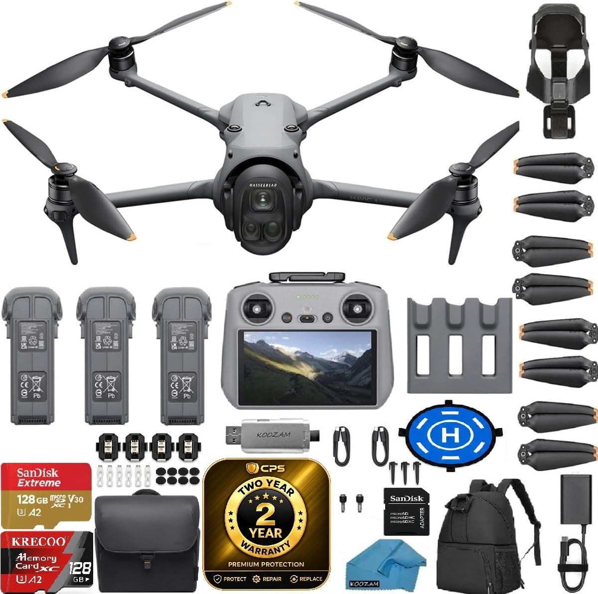 Mavic 4 Pro Drone Fly More Combo 6K60 HDR, 100MP, 51-Min Max Flight Time, 18.6-Mile Range, ActiveTrack 360, 2x 128GB Memory Cards, Backpack, Landing Pad, Strobes